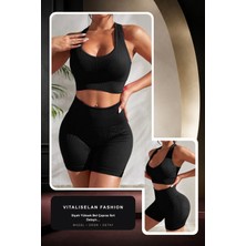 Vitaliselan Fashion Kadın Siyah Yüksek Bel Çapraz Sırt Detaylı Şortlu Gecelik Takım