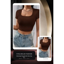 Vitaliselan Fashion Kadın Kahverengi Yarım Kol Düz Yaka Crop Top Bluz