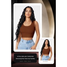 Vitaliselan Fashion Kadın Kahverengi Kare Yaka Crop Top Bluz