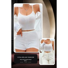 Vitaliselan Fashion Kadın Beyaz Alt-Üst Dantel Detaylı Şortlu Şık Gecelik Takım