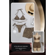 Vitaliselan Fashion Kadın 3'lü Set Leopar Desenli Şortlu ve Yandan Bağlamalı Bikini Mayo Takımı