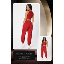 Vitaliselan Fashion Kadın Kırmızı Kaşkorse Cepli Jogger Eşofman Altı ve Crop Top Bluz