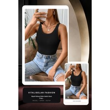 Vitaliselan Fashion Kadın Siyah Kolsuz Kalın Askılı Uzun Crop Top Bluz & Atlet