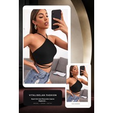 Vitaliselan Fashion Kadın Siyah Sırtı Açık Boyundan Çapraz Bağlamalı Crop Top Bluz