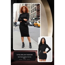Vitaliselan Fashion Kadın Siyah Kaşkorse Balıkçı Yaka Uzun Kollu Bodycon Mini Elbise