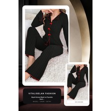 Vitaliselan Fashion Kadın Siyah Kırmızı Biyeli ve Fiyonklu Uzun Kollu Mevsimlik Pijama Takımı