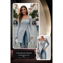 Vitaliselan Fashion Kadın Gri Düğme Detaylı Kare Yaka Fitilli Asimetrik Etekli Uzun Kollu Bluz