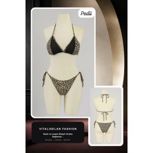 Vitaliselan Fashion Kadın Siyah ve Leopar Detaylı Yandan Bağlamalı Bikini Takımı