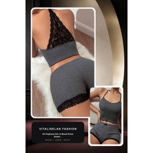 Vitaliselan Fashion Kadın Gri Kaşkorse Sırt ve Bacak Kısmı Dantel Detaylı Şortlu Gecelik Takım