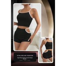 Vitaliselan Fashion Kadın Siyah Beyaz Şortlu Cut-Out Detaylı Gecelik Takımı