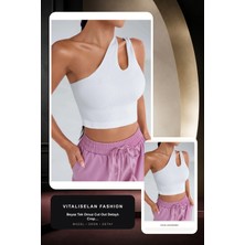 Vitaliselan Fashion Kadın Beyaz Tek Omuz Cut Out Detaylı Crop Top Bluz