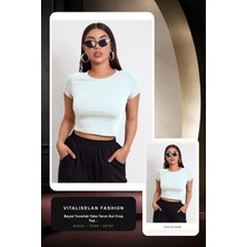 Vitaliselan Fashion Kadın Beyaz Yuvarlak Yaka Yarım Kol Crop Top Bluz