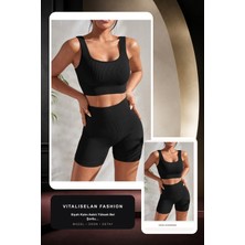 Vitaliselan Fashion Kadın Siyah Kalın Askılı Yüksek Bel Şortlu Gecelik Takımı
