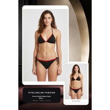 Vitaliselan Fashion Kırmızı Dantel Detaylı Siyah Bikini Takımı – Ayarlanabilir Ipli, Içten Şardonlu, Kadın Mayo