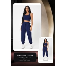 Vitaliselan Fashion Kadın Lacivert Kaşkorse Cepli Jogger Eşofman Altı ve Crop Top Bluz