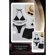 Vitaliselan Fashion Kadın 3'lü Set Siyah Şortlu ve Yandan Bağlamalı Bikini Mayo Takımı