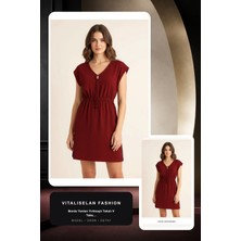 Vitaliselan Fashion Kadın Bordo Yanları Yırtmaçlı Tokalı V Yaka Mini Plaj Elbisesi