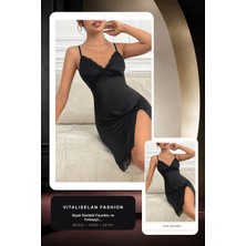 Vitaliselan Fashion Kadın Siyah Dantelli Fiyonklu ve Yırtmaçlı Şık Gecelik