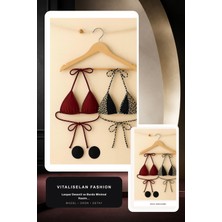 Vitaliselan Fashion Kadın Leopar Desenli ve Bordo Minimal Kesim Üçgen Bikini Üstü