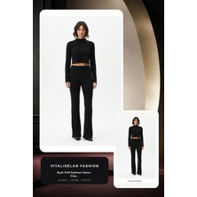 Vitaliselan Fashion Kadın Siyah Fitilli Eşofman Takımı – Crop Uzun Kollu Üst & Paça Pantolon, Şık Günlük Set