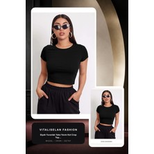 Vitaliselan Fashion Kadın Siyah Yuvarlak Yaka Yarım Kol Crop Top Bluz