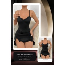 Vitaliselan Fashion Kadın Siyah Göğsü ve Bacakları Dantelli Yırtmaçlı Şık Gecelik