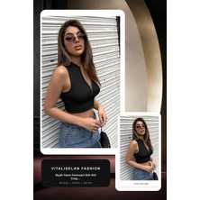 Vitaliselan Fashion Kadın Siyah Yarım Fermuarlı Sıfır Kol Crop Top Bluz