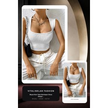 Vitaliselan Fashion Kadın Beyaz Kare Yaka Kalınlaşan Omuz Detaylı Crop Top Bluz