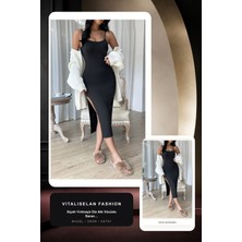 Vitaliselan Fashion Kadın Siyah Yırtmaçlı Diz Altı Vücüdu Saran Gecelik