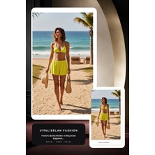 Vitaliselan Fashion Kadın Fosforlu Şortlu Belden ve Boyundan Bağlamalı Bikini Takımı