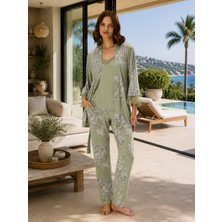 Bursa Pijama Kadın Içi Ip Askılı Dantel Deataylı Altı Uzun Çiçek Desen Sabahlıklı Üçlü Pijama Takımı