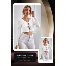 Vitaliselan Fashion Kadın Beyaz Uzun Kollu Önden Bağlama Detaylı Crop Top Bluz