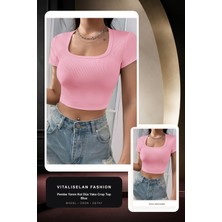 Vitaliselan Fashion Kadın Pembe Yarım Kol Düz Yaka Crop Top Bluz