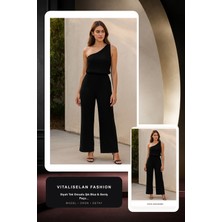 Vitaliselan Fashion Kadın Siyah Tek Omuzlu Şık Bluz & Geniş Paça Pantolon Ikili Takım