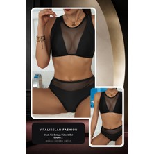 Vitaliselan Fashion Kadın Siyah Tül Detaylı Yüksek Bel Sütyen Takımı