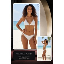 Vitaliselan Fashion Kadın Beyaz Pedli Bel ve Boyundan Bağlamalı Dantelli Şık Bikini Takımı