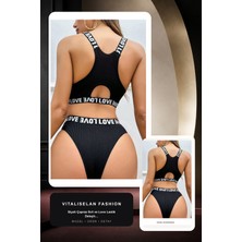 Vitaliselan Fashion Kadın Siyah Çapraz Sırt ve Love Lastik Detaylı Sütyen Külot Takım