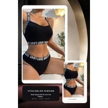 Vitaliselan Fashion Kadın Siyah Çapraz Sırt ve Love Yazı Detaylı Iç Çamaşır Takımı