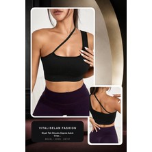 Vitaliselan Fashion Kadın Siyah Tek Omuzlu Çapraz Askılı Crop Top Büstiyer