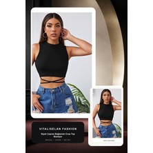 Vitaliselan Fashion Kadın Siyah Çapraz Bağlamalı Crop Top Büstiyer