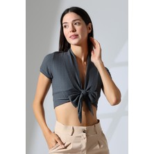 Şiir Rocha Kadın Slim Fit Yumuşak Dokulu Önden Bağlamalı Bluz & Hırka & Bolero - Füme