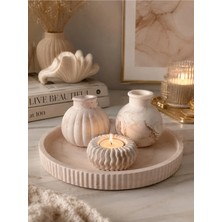 Sisay Home Dekoratif Tepsi Seti Yuvarlak Vazolu Mumluklu | Modern Salon Orta Sehpa Dresuar Dekoru Bej Mermer Desenli