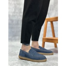 ET0359 Doğal Deri Tozu Bağcıksız Kauçuk El Yapımı Espadril Taban Mavi Renk Erkek Ayakkabı