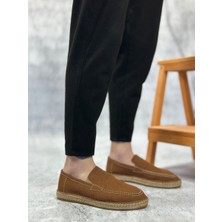 ET0359 Doğal Deri Tozu Bağcıksız Kauçuk El Yapımı Espadril Taban Taba Renk Erkek Ayakkabı