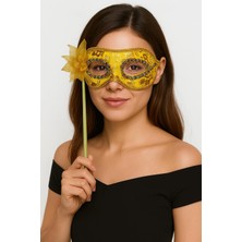 BYZM Lüks Taşlı Saplı Maskeli Balo Maskesi Altın Renk 35 cm