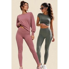 Fevien 2'li Paket Kadın Yüksek Bel Toparlayıcı Fitilli Dalgıç Kaşkorse Kumaş Esnek Rahat Günlük ve Spor Yoga Pilates Iç Göstermez Bilek Boy Uzun Tayt Seti