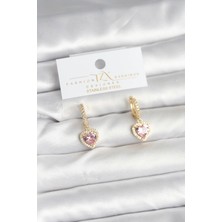 Pirinç Gold Pembe Renk Zirkon Taşlı Kalp Model Kadın Küpe
