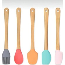 Aesco 5&amp;#39;li Renkli Ahşap Saplı  Uçlu Spatula Fırçalı Kaşık Seti -Yemek Hazırlık Seti 21 cm