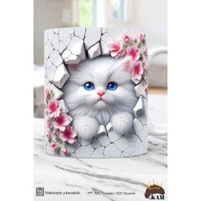 Pembe Çiçekli Sevimli Kedi Temalı 3D Efektli Porselen Kupa Bardak - Kedili Kupa Bardak