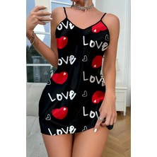 Love Desenli Siyah Saten Gecelik - HPSBYI3765-1973